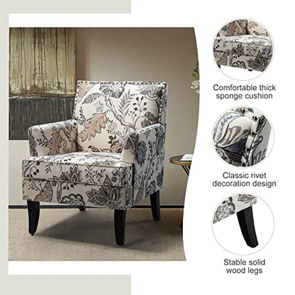 Modern Accent Chair, Printed Armchair, Orange Grey | Solid Wood Legs & Padded Cushion, Classic Rivet Decoration Design, Upholstered Floral Arm Chair for Living Room Bedroom