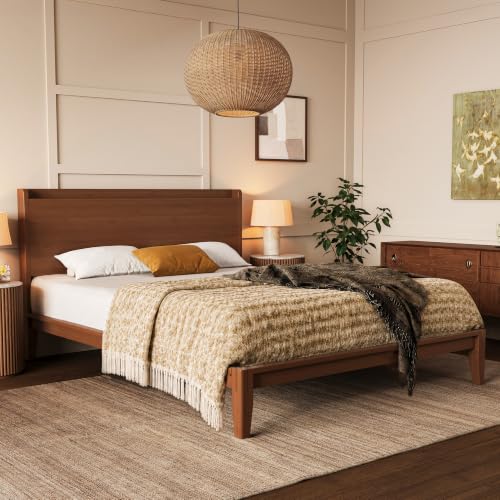 Bamboo Wood Queen Bed Frame with Charging Station & Headboard, view 5