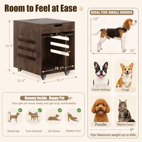 Small Dog Crate Furniture with Flip-Up Glass Door & Lockable Wheels, view 3