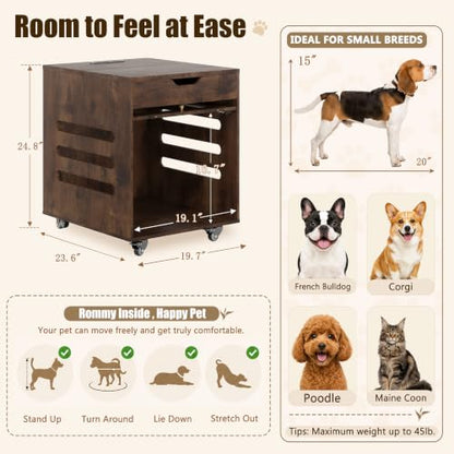 Small Dog Crate Furniture with Flip-Up Glass Door & Lockable Wheels, view 3