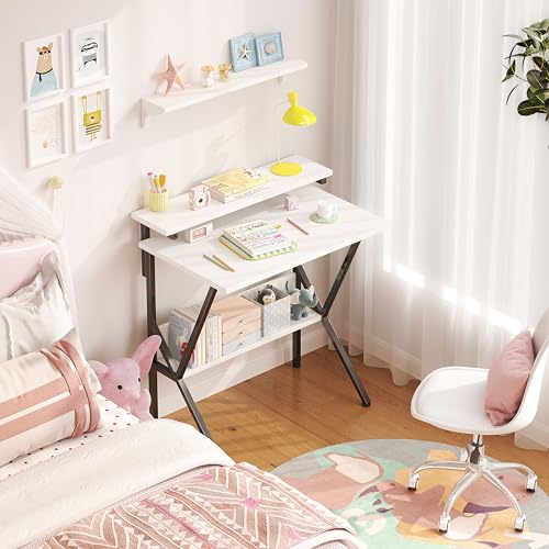 Small Desk, Small Computer Desk for Spaces, 27.5 Inch Computer Desk with Adjustable Monitor Stand, Compact Desk with Storage for Bedroom Home Office, White Tabletop+Black Frame