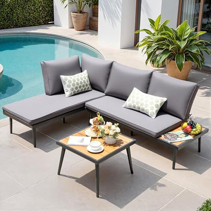 Patio Furniture Set,6 Pieces Outdoor Sectional Sofa with Cup Holder and 7.87in Wider Armrest, PE Wicker Backyard Couch Set with Coffee Table&Glass Tabletop for Deck, Porch