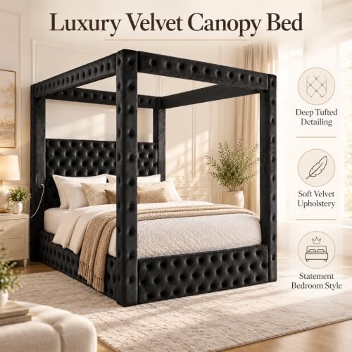 Black Queen Size Canopy Bed Frame with Velvet Upholstered Headboard, view 4