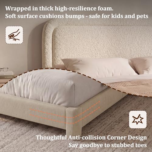 Boucle Queen Size Bed Frame with Adjustable Headboard, view 4