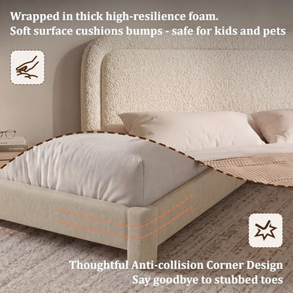Boucle Queen Size Bed Frame with Adjustable Headboard, view 4