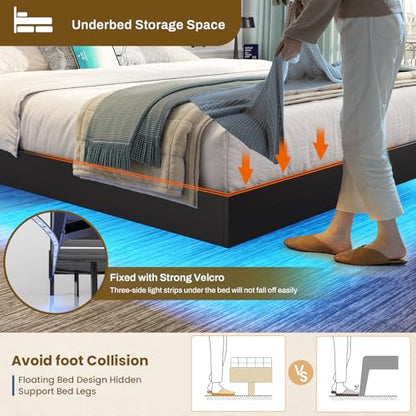 King Floating Bed Frame with LED Lights and Storage Headboard, view 7