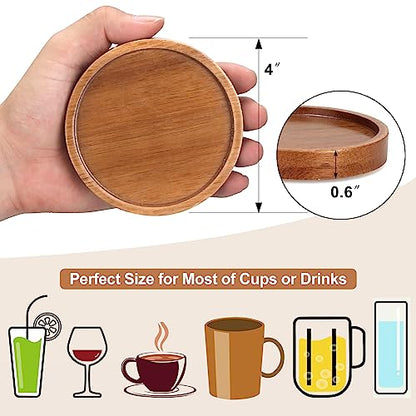 6 Pcs Best Wooden Coasters with Holder Coffee Table Decor Acacia Wood Coaster Set Modern Cup Coaster for Drink Home Dining Table Kitchen Accessories Cute Beer Bar Decorative Rustic Outdoor Coasters
