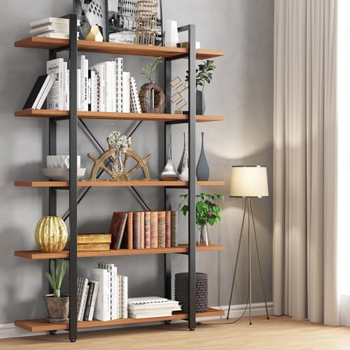 Wood and Metal Minimalist 5 Tier Bookshelf, 6 feet Tall Open Rustic Wide Bookcase Industrial Style, Modern Wooden Big Book Shelf for Home Living Room Bedroom Office Storage, Rustic Brown