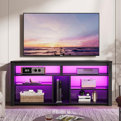 Gaming LED TV Stand with Storage, 55 Inch, Carbon Fiber Black, view 2