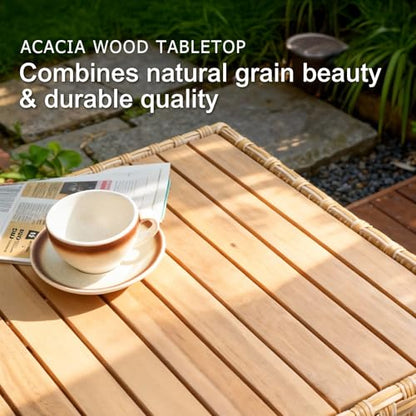 6-Piece Patio Furniture Set, Outdoor Wicker & Acacia Wood Sectional Sofa Set, Patio Modular Design Conversation Sets with Coffee Table & Thick Comfy Cushion for Porch, Garden, Natural Color