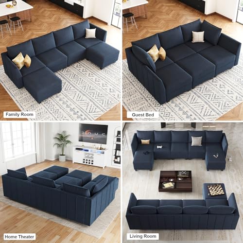 Modular Sectional Sofa U Shaped Couch with Storage Ottoman Velvet Sectional Couch for Living Room, Blue