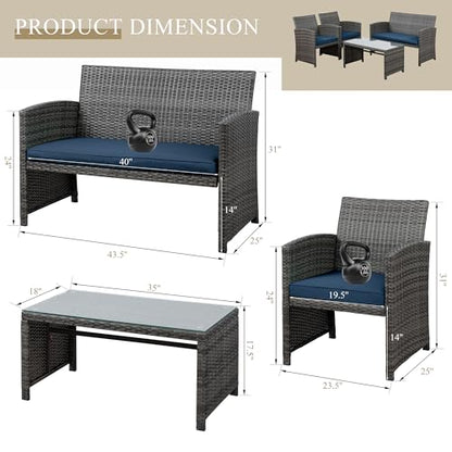 4 Piece Outdoor Patio Furniture Set, Outdoor Wicker Rattan Chairs Conversation Sets with Cushions & Coffee Table for Outside, Garden, Balcony, Porch, Dark Blue