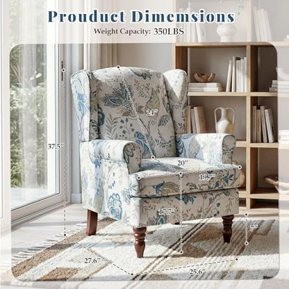 Floral Accent Chair, Comfortable High Back Upholstered Armchair with Solid Wood Legs, Leisure Single Sofa Chair for Living Room, Home Office, Bedroom, Blue Floral