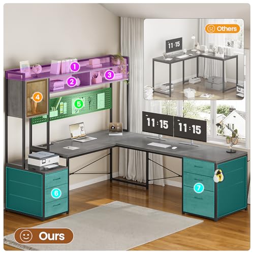 L Shaped Gaming Desk with Drawers, Reversible Computer Corner Desk with File Drawer, Hutch, Storage Shelves for Home Office, Gaming Two Person Desk with Led Lights, Power Outlet, Grey