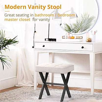 Ottoman Foot Stool Vanity Stool, Square Linen X-Leg Foot Rest Ottoman Makeup Stool, Small Stool Chair for Vanity, Modern Padded Vanity Seat for Makeup Room, Living Room, Bathroom, Linen Color