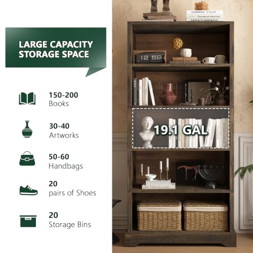 5 Tiers Wooden Bookshelf, 65.2" Tall Farmhouse Style Open Bookcase, view 5