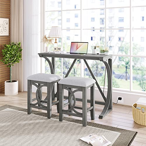 RuiSiSi 3 Piece Counter Height Dining Set, Farmhouse Kitchen Table Set with USB Port and 2 Upholstered Stools, Breakfast Nook Set for Kitchen, Dining Room, Living Room, Grey