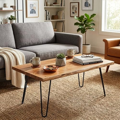 Live Edge Wood Coffee Table with Hairpin Metal Legs – Rustic Modern Farmhouse Living Room Table with Acacia Wood Top (42 Inch)