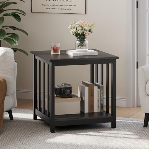 End Tables Living Room Set of 2, 24 Inch Square Side Table with 2-Tier Storage Shelf, Modern Nightstand for Living Room, Bedroom, Office, Black