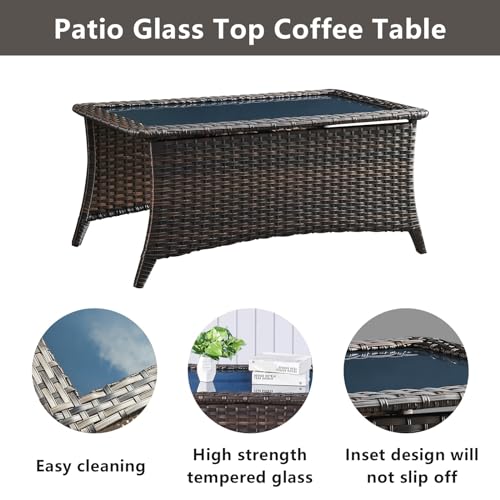 Outdoor Coffee Table with Tempered Glass Top, Patio Rectangular Brown Wicker, view 5