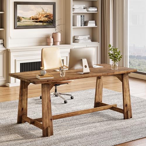 63" Solid Wood Office Desk, Farmhouse Executive Computer Desk, Large Work Writing Table, Rustic Brown Home Office Workstaticon, Business Furniture