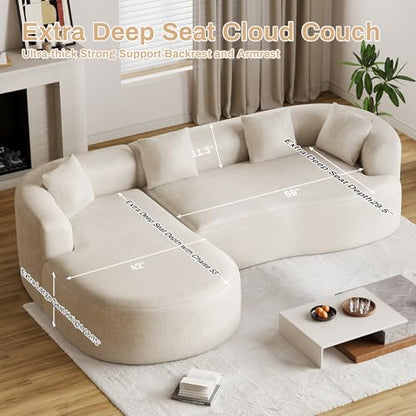 111" Oversized Sectional Sofa with Left-Facing Chaise for Living Room, Modern Luxury Chenille 4-Seater Couch Extra Deep Seat L-Shape Curved Cloud Couch with 4 Throw Pillows, White