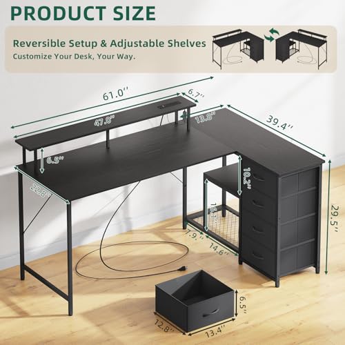 L Shaped Desk with 4 Drawers,61" Reversible Home Office Desks with Power Outlets,L Shaped Gaming Desk with USB Charging Port,Corner Desk with Storage Shelves,Easy to Assemble,Black