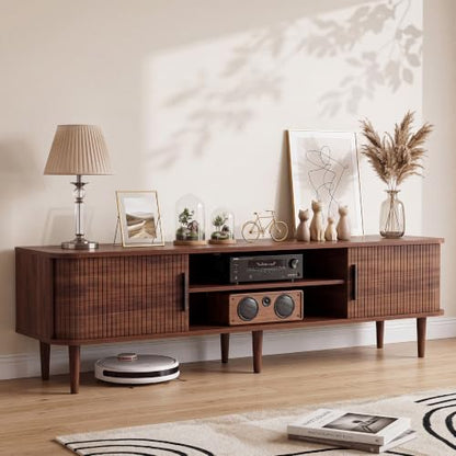 70" TV Stand with Rolling Doors and Storage, Mid-Century, Walnut, view 4