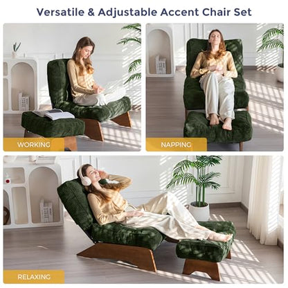 Accent Chair with Ottoman Adjustable Backrest, Tufted Living Room Chair Upholstered Lounge Chair with Footrest Set, Modern Chair Cozy Reclining Chair for Reading Room, Green