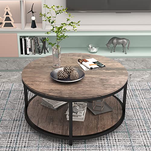 Round Coffee Table, 36” Coffee Table for Living Room, 2-Tier Wood Desktop & Sturdy Metal Legs Table Home Furniture with Storage Shelf (Walnut)