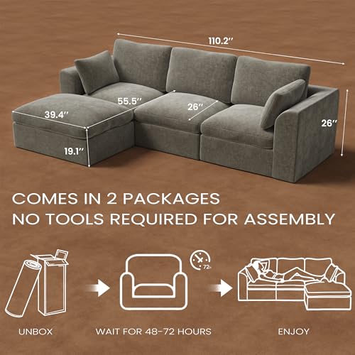 110" Cloud Sectional Couches for Living Room, Convertible L Shape Boneless Couch with Ottoman, Oversized Modular Cloud Sofa Set, 3 Seat Deep Comfy Sofa for Bedroom Apartment, Chenille (Light Brown)