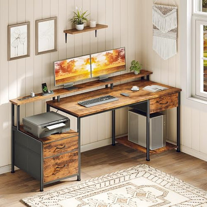 55" Computer Desk with File Drawer, Printer Space, Rustic Brown, view 3