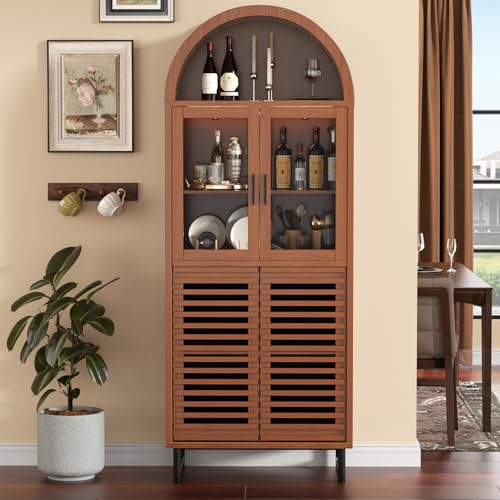 Kitchen Pantry Cabinet with Glass Doors - Arched Design, Metal U Legs, Artistic Slatted Door, Adjustable Shelves, 78.4" Curved Storage Cabinet for Kitchen, Dining Room