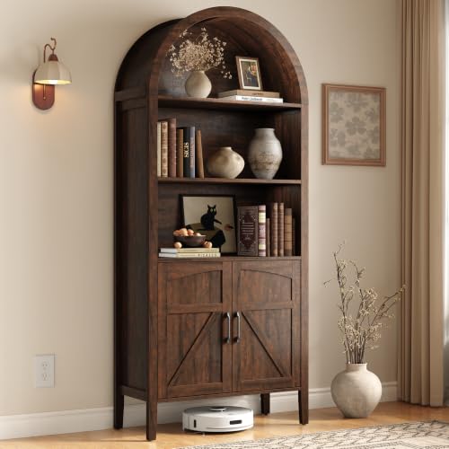 Brown 5-tier arched bookshelf with door and adjustable shelves, view 2
