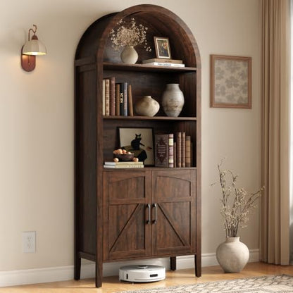 Brown 5-tier arched bookshelf with door and adjustable shelves, view 2