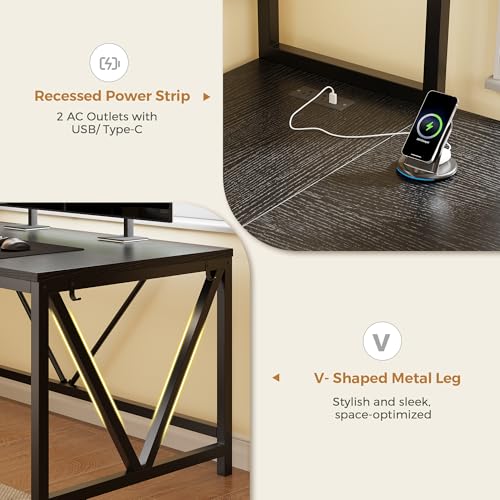 L Shaped Gaming Desk with Fabric Drawers and Power Outlet, Corner Computer Desk with LED-Lit Tempered Glass Display Cabinet, L Shaped Office Desk with Storage,PC Desk for Gaming and Home Office, Black