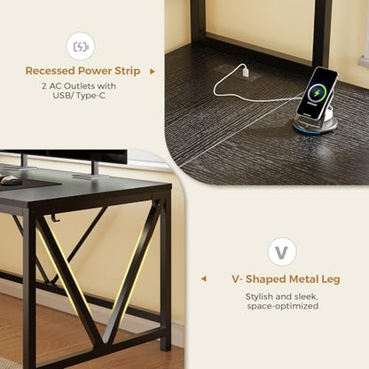 L Shaped Gaming Desk with Fabric Drawers and Power Outlet, Corner Computer Desk with LED-Lit Tempered Glass Display Cabinet, L Shaped Office Desk with Storage,PC Desk for Gaming and Home Office, Black