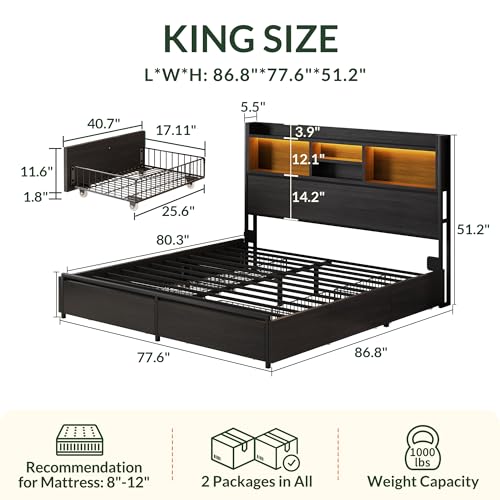King Size Bed Frame with 6 Storage Drawers and Headboard Wooden Platform Bed, view 3