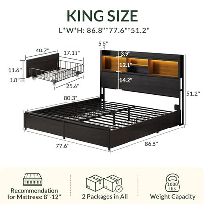 King Size Bed Frame with 6 Storage Drawers and Headboard Wooden Platform Bed, view 3