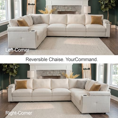 Sectional Couches for Living Room FSC Certified Velvet Modular Couch Oversized Cloud U Shaped Convertible Sleeper Sofa Chaise Detachable Armrest Cushion (Chenille Beige, L Shape 6 Seat)