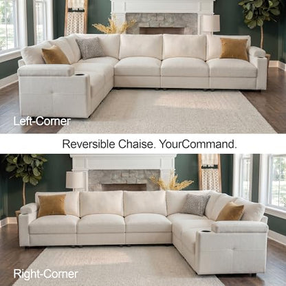 Sectional Couches for Living Room FSC Certified Velvet Modular Couch Oversized Cloud U Shaped Convertible Sleeper Sofa Chaise Detachable Armrest Cushion (Chenille Beige, L Shape 6 Seat)