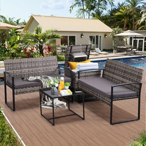4 Piece Patio Furniture Set w/Built-in Cooler Storage Box, Grey/Grey | All-Weather Hand-Woven Rattan | Tempered Glass Table | Beverage Cooler | Comfy Loveseat | Indoor & Outdoor Use