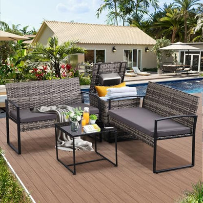 4 Piece Patio Furniture Set w/Built-in Cooler Storage Box, Grey/Grey | All-Weather Hand-Woven Rattan | Tempered Glass Table | Beverage Cooler | Comfy Loveseat | Indoor & Outdoor Use