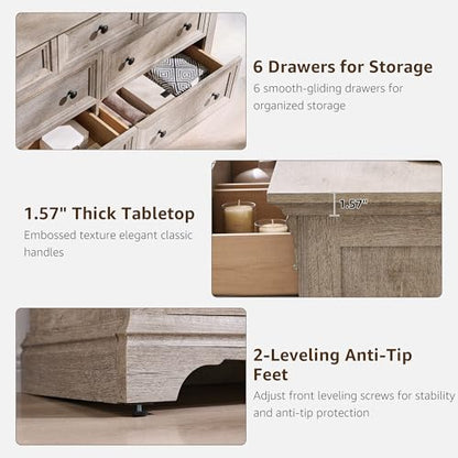 Farmhouse 7 Drawers Dresser for Bedroom, 54" Wide Wood Rustic Chest of Drawers w/Roman Column, Wooden Storage Dressers Organizer for Bedroom, Living Room, Light Rustic Oak