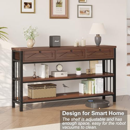 55” Sofa Table with Drawers, Entryway Table with Storage Shelf, 3 Tier Console Table with Storage Behind Couch for Living Room, Rustic Wood Metal Entry Hallway Table for Entrance, Walnut, 55 in