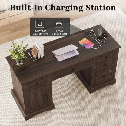 59" Farmhouse Executive Desk with Drawers Lock File Cabinet, view 4