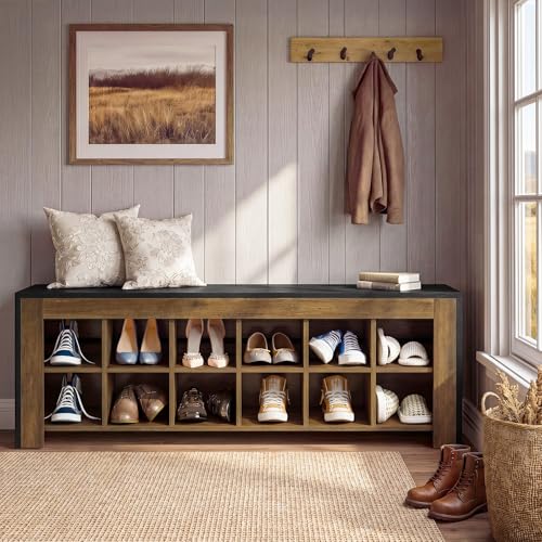 48-inch Farmhouse Entryway Bench, Wooden Shoe Storage Bench with 12 Cubbies & Compartments, Shoe Rack Organizer, Freestanding Shoe Cabinet for Hallway, Mudroom, Cloakroom, Bedroom