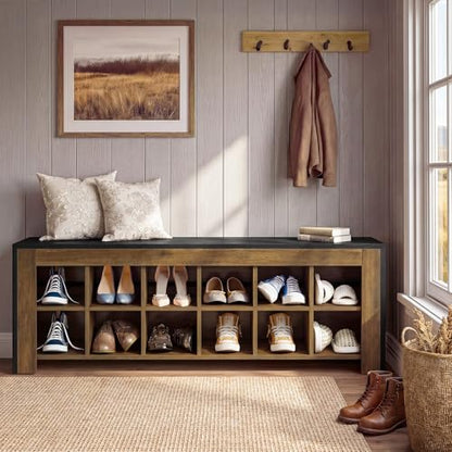 48-inch Farmhouse Entryway Bench, Wooden Shoe Storage Bench with 12 Cubbies & Compartments, Shoe Rack Organizer, Freestanding Shoe Cabinet for Hallway, Mudroom, Cloakroom, Bedroom