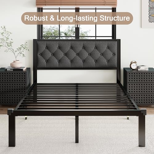 Queen Size Bed Frame with Linen Upholstered Headboard, view 8