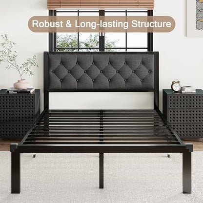 Queen Size Bed Frame with Linen Upholstered Headboard, view 8